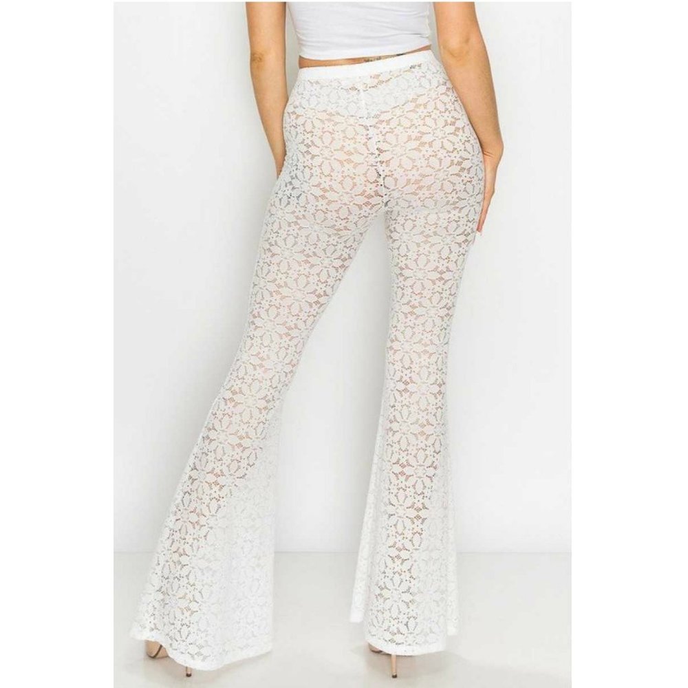 Lace Bell Bottom Pants High Waist White Size S M L - Picture 3 of 6